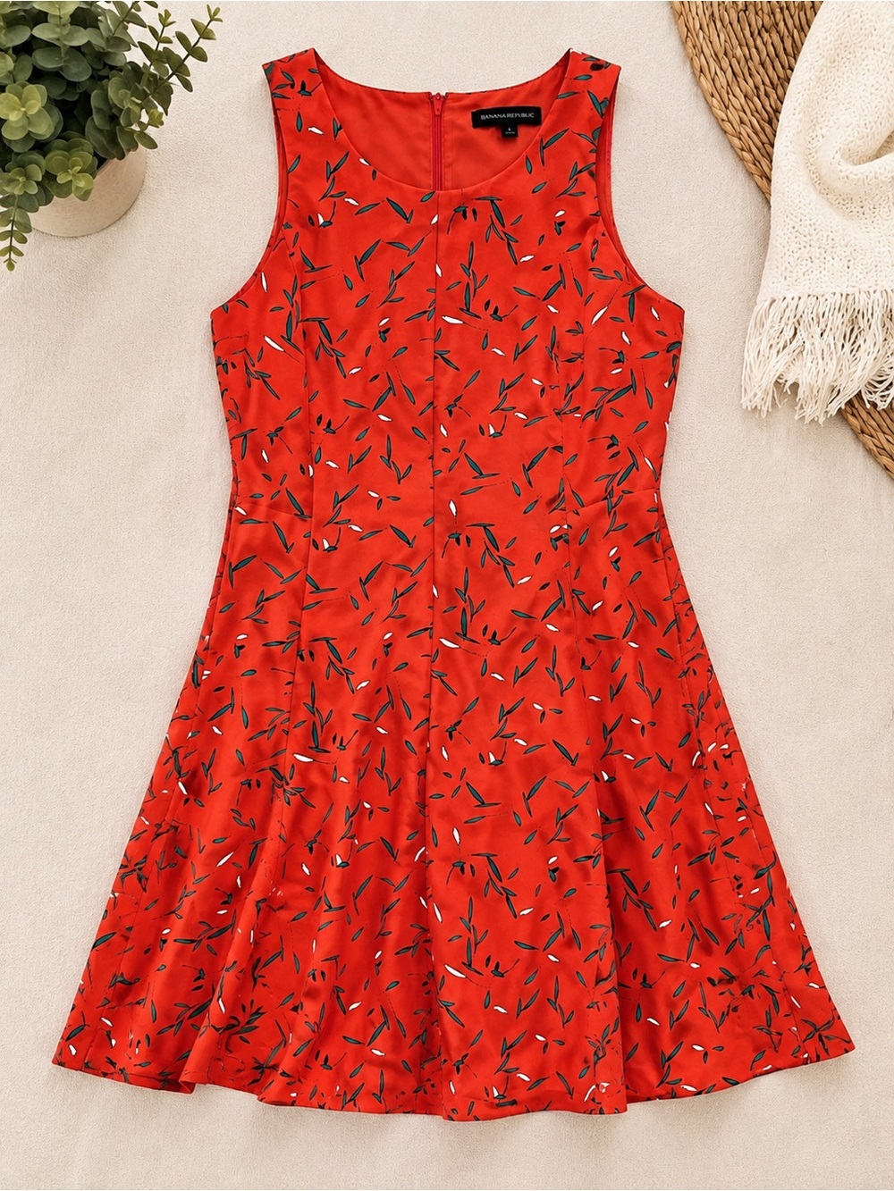 Banana Republic Coral Botanical Print Fit & Flare Dress